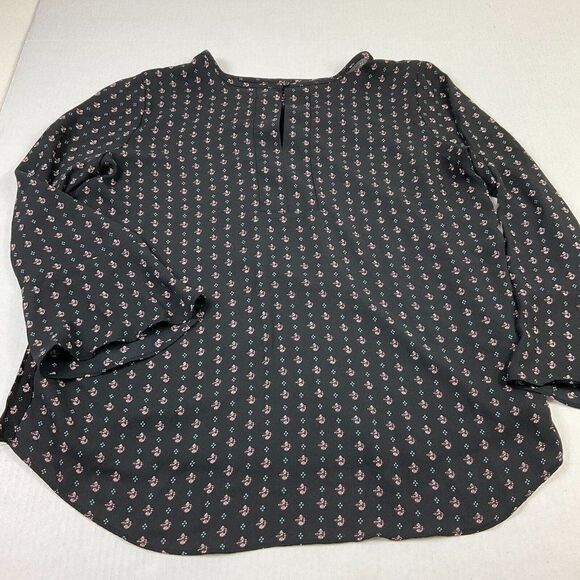 LOFT Blouse Black Printed Bell Long Sleeve Shirt Button Keyhole Top PM Petites - Picture 3 of 13